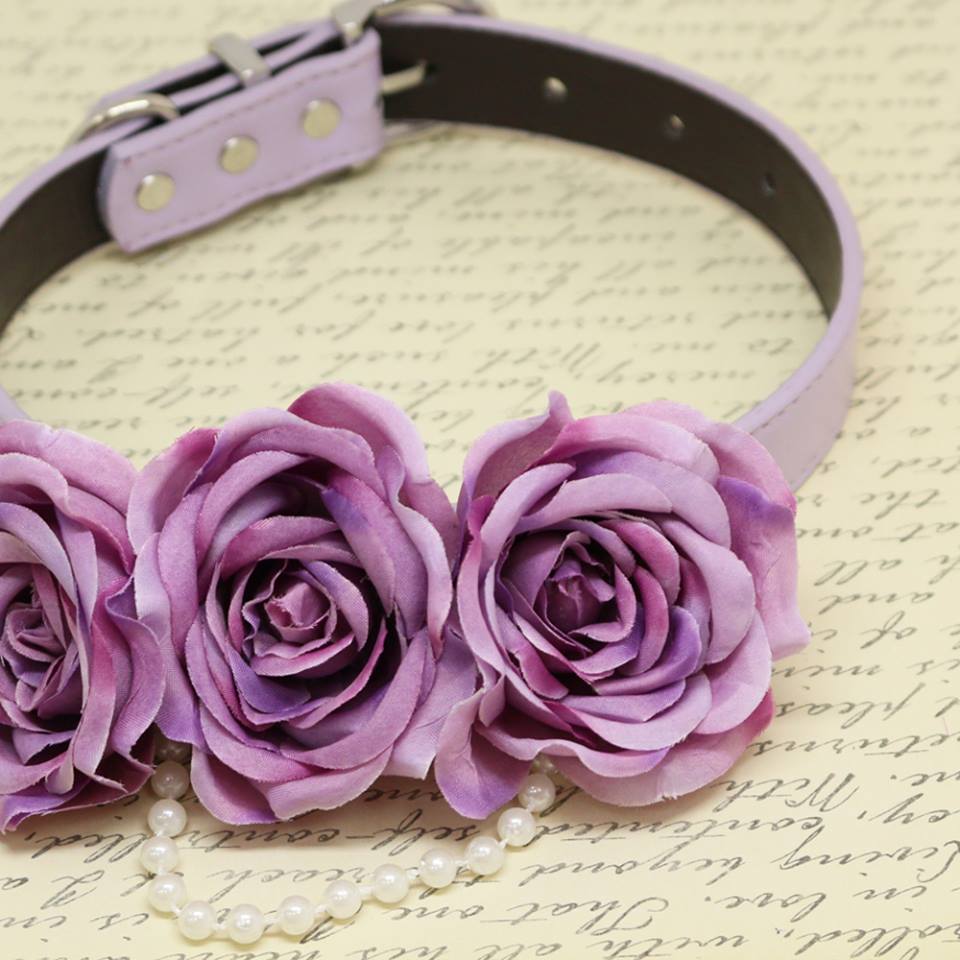 Purple Floral dog Collar, Flowers and Pearls, Wedding pets accessory, Puppy Love , Wedding dog collar