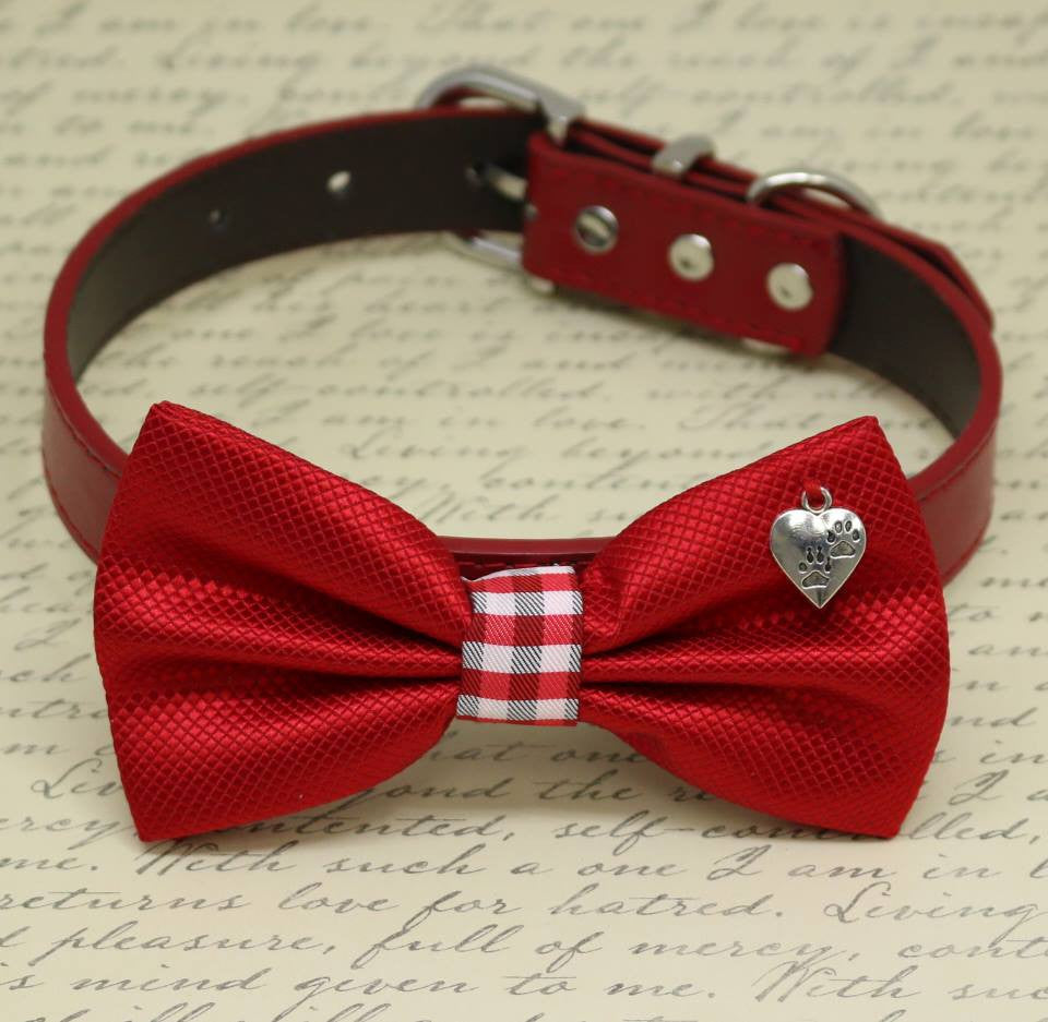 Red Dog Bow tie Collar, heart, paw, birthday gift, Pet wedding accessory, dog Lovers , Wedding dog collar