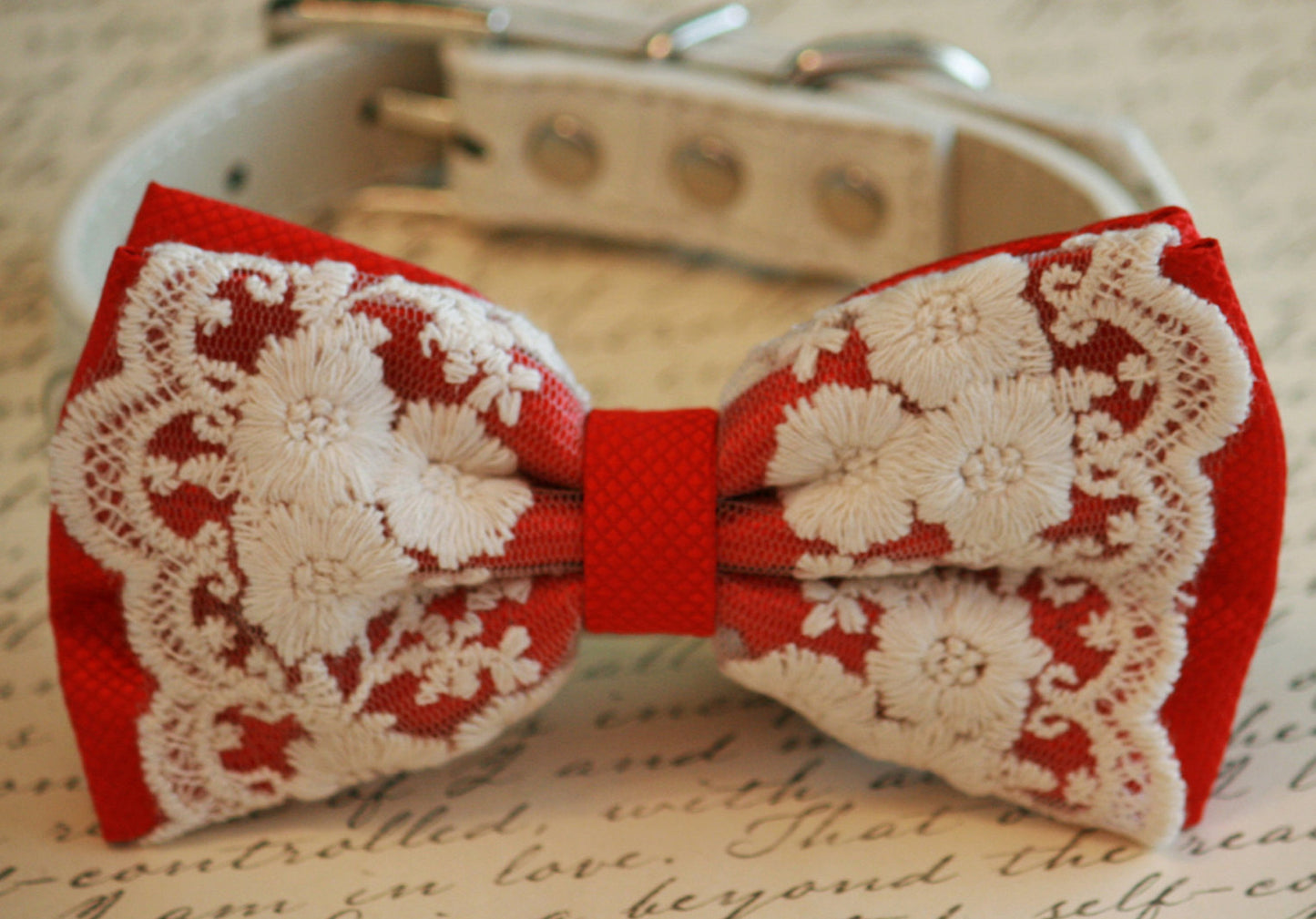 Red Lace Dog Bow Tie collar, Pet Wedding, boho , Wedding dog collar