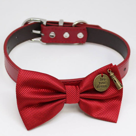 Red Dog Bow tie collar, Charms( Live your Dream and Light House), birthday gift, Pet wedding, one of the kind , Wedding dog collar