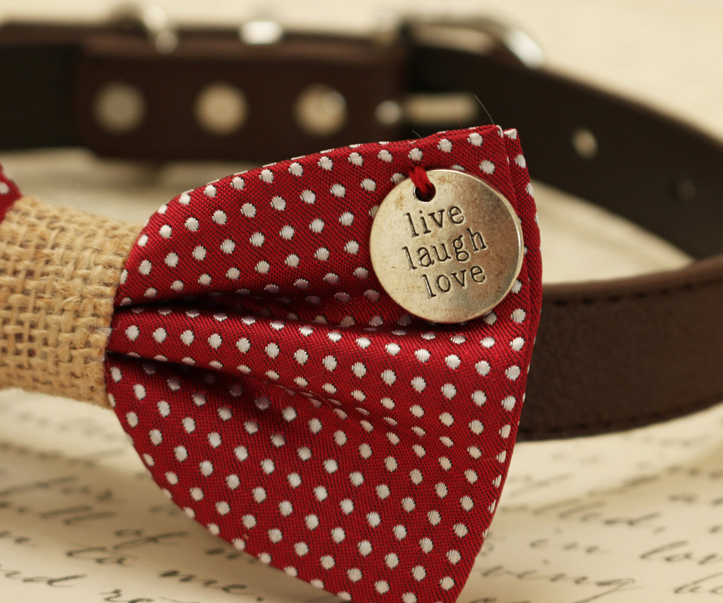 Red and Burlap Dog Bow tie attached to collar with charm , Wedding dog collar