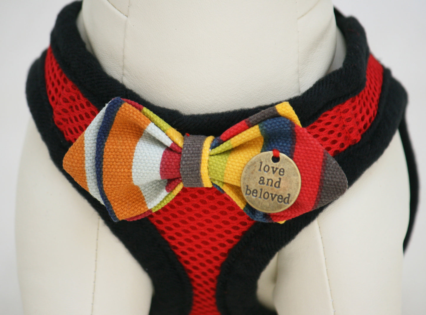 Red Dog Harness with colorful bow and a black leash, colorful bow with a charm , Wedding dog collar