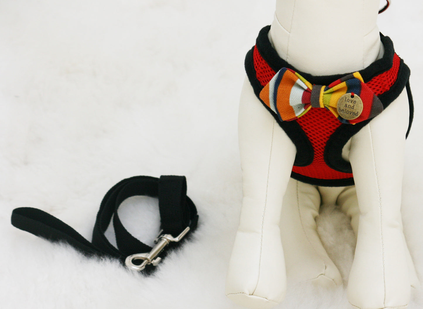 Red Dog Harness with colorful bow and a black leash, colorful bow with a charm , Wedding dog collar