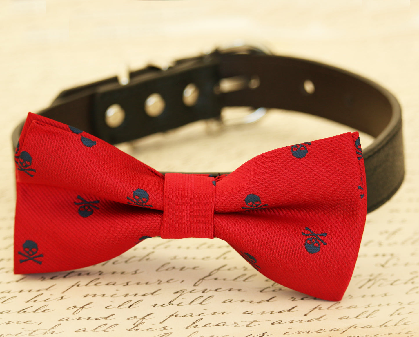 Red Dog Bow Tie attached to collar, Red wedding, dog lovers, skull, Red and Navy , Wedding dog collar
