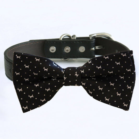 Black Dog Bow Tie with collar, leather adjustable collar, M to XXL collar, Dog lover , Wedding dog collar