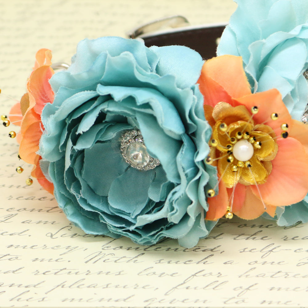 Blue coral Gold flower dog collar, Flower rhinestone beaded dog collar, leather dog collar, Dog ring bearer, some thing blue,dog ring bearer , Wedding dog collar