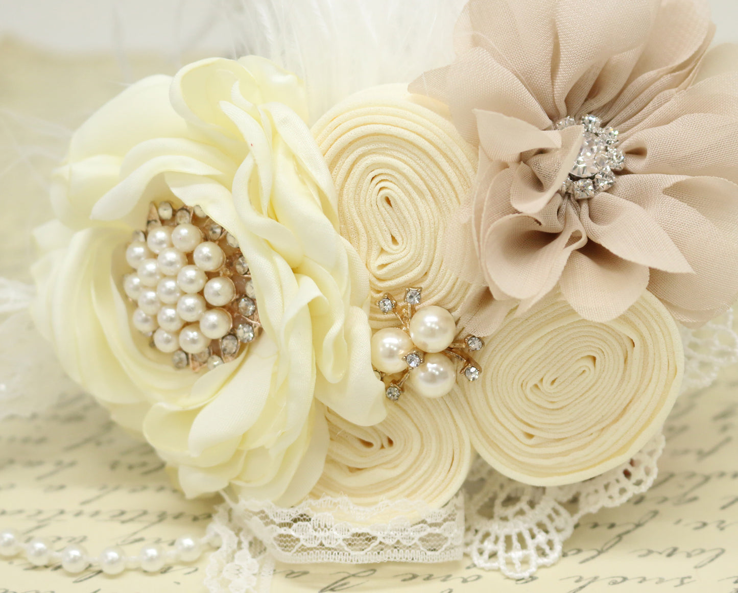 Ivory Champagne Flower dog collar, Pearl, beaded, feather flower attached to Ivory, Champagne, Black, White, lilac or copper leather collar , Wedding dog collar