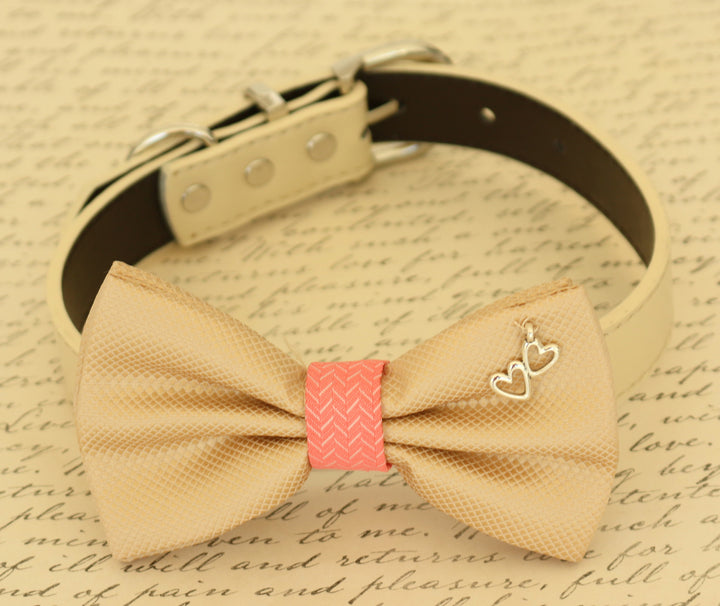 Champagne and coral dog Bow tie attached to dog collar, Pet accessory, Charm , Wedding dog collar