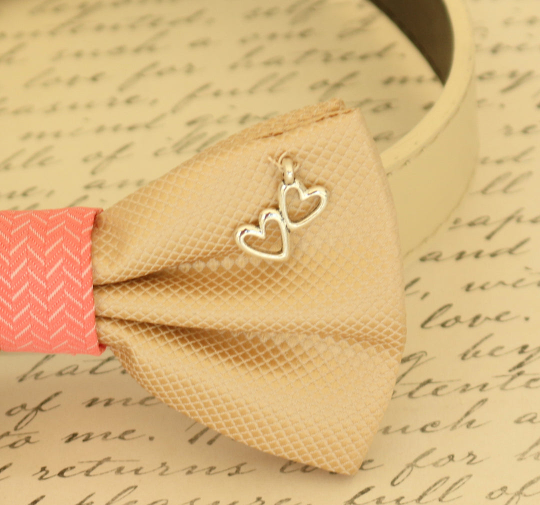 Champagne and coral dog Bow tie attached to dog collar, Pet accessory, Charm , Wedding dog collar