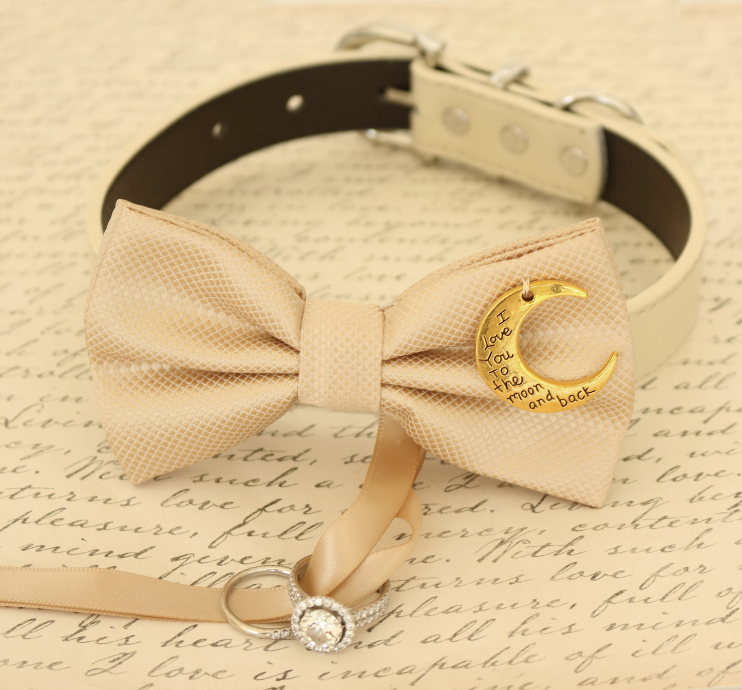 Champagne Dog Bow Tie attached to collar, Dog ring bearer, Proposal , Wedding dog collar