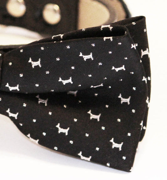 Black Dog Bow Tie with high quality black leather collar, Black bow with small cute dog print , Wedding dog collar