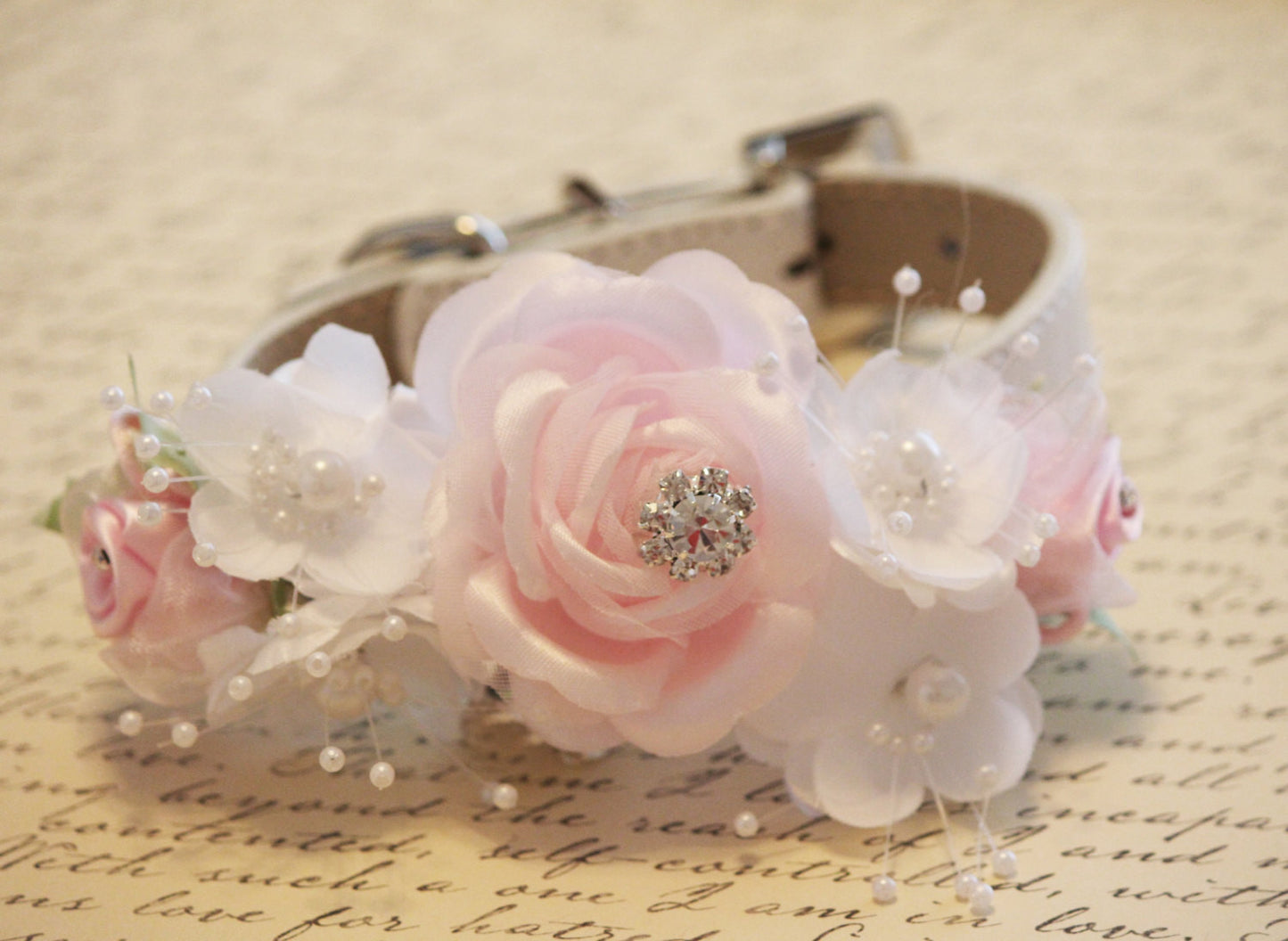 Pink and White Floral Dog Collar, Pink and White Wedding, Pet wedding , Wedding dog collar