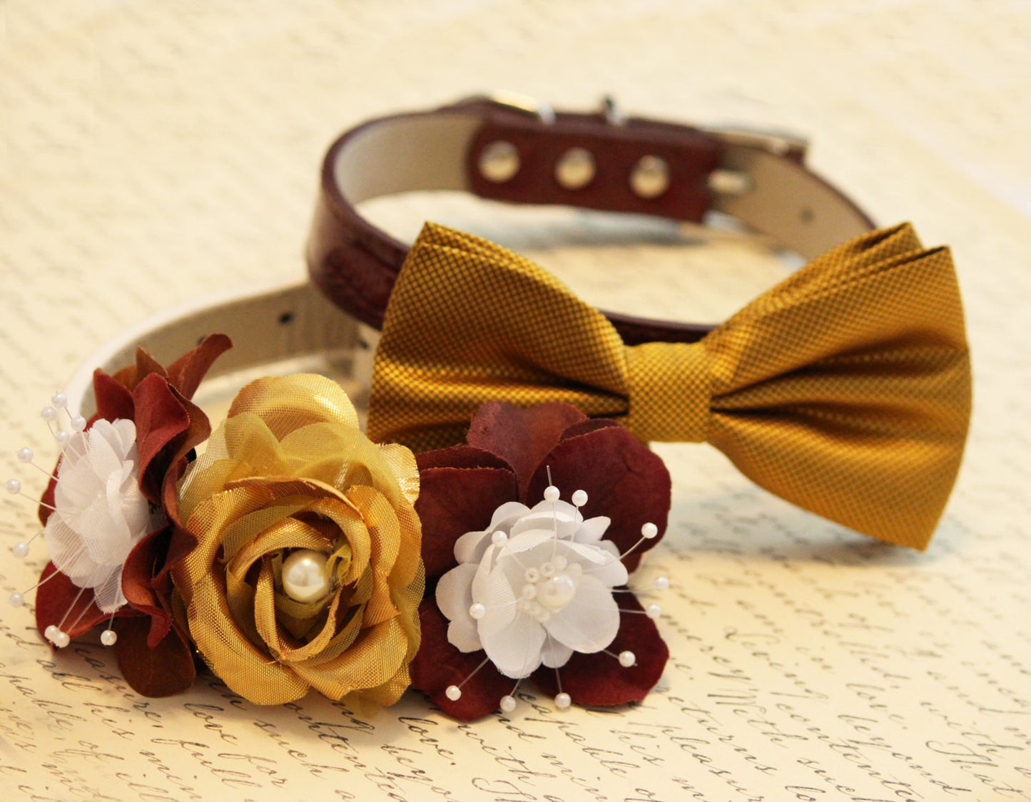 Gold and Brown Dog 2 Collars, Floral and Bow tie, Pets Wedding accessory, Elegantly , Wedding dog collar