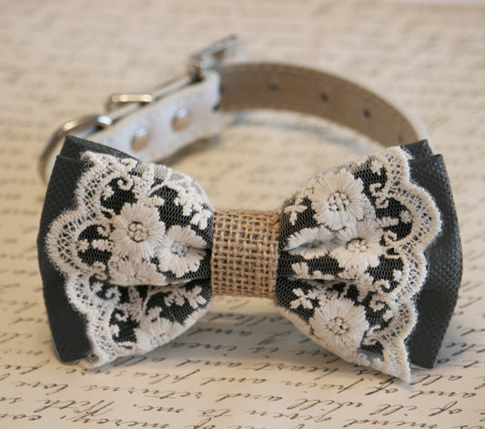 Black Dog Bow Tie, Lace and Burlap, Dog Lovers, Black wedding accessory , Wedding dog collar