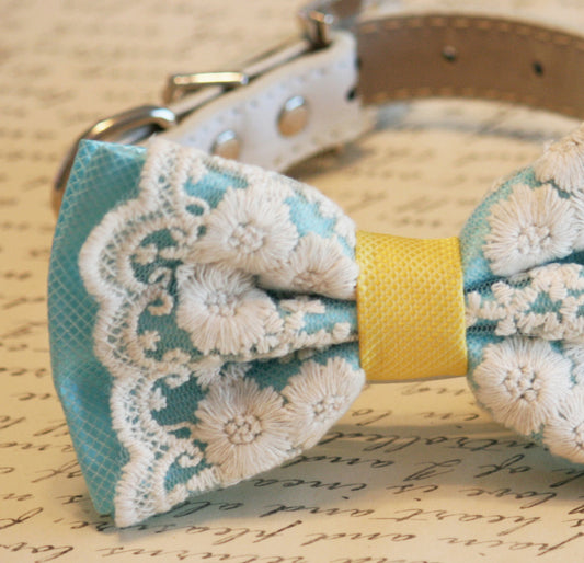 Blue Dog Bow Tie, Pet Accessory, Blue and yellow bow, Lace bow , Wedding dog collar