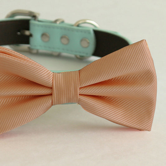 Peach bow tie collar Leather collar Dog ring bearer ring bearer adjustable handmade XS to XXL collar and bow, Puppy bow collar, Proposal , Wedding dog collar