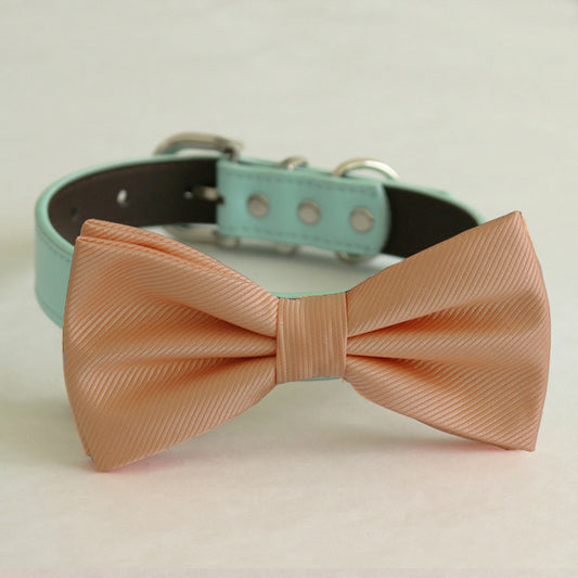 Peach bow tie collar Leather collar Dog ring bearer ring bearer adjustable handmade XS to XXL collar and bow, Puppy bow collar, Proposal , Wedding dog collar