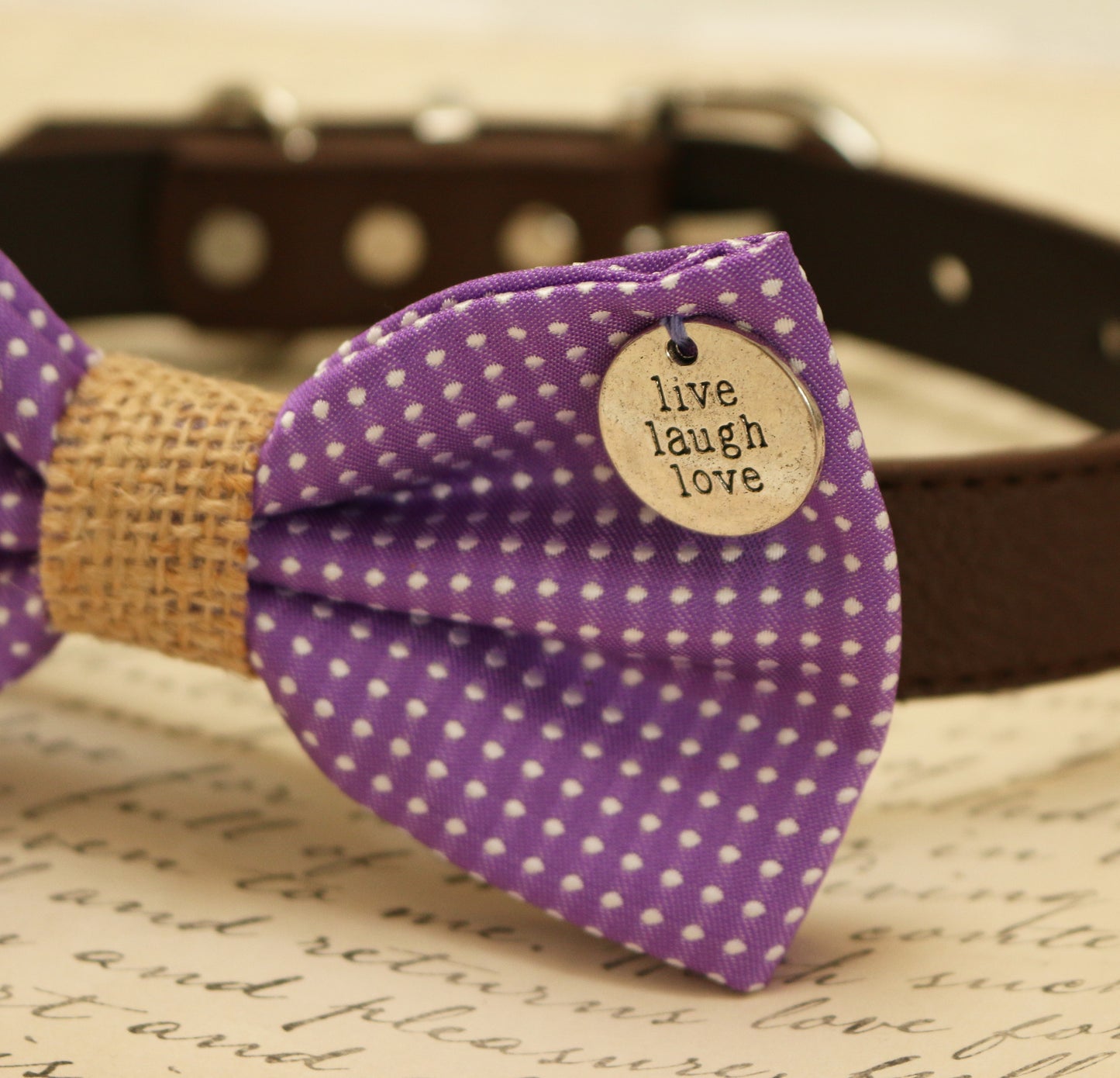 Purple Dog Bow Tie attached to collar, charm, Purple wedding accessory , Wedding dog collar