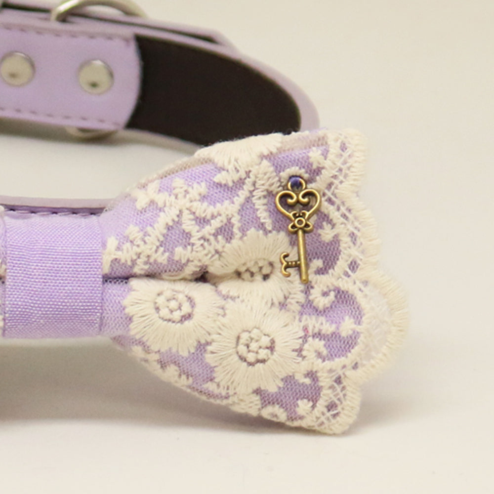 Lilac bow tie dog collar, Lilac leather dog collar, Lace bow tie, heart Key charm, Girl dog collar , Wedding dog collar