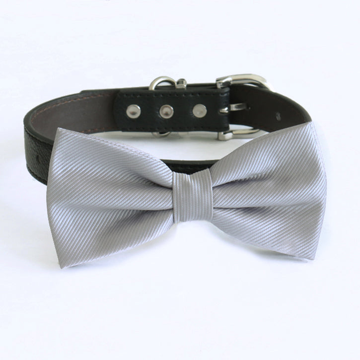 Gray bow tie collar Leather collar Dog ring bearer ring bearer adjustable handmade XS to XXL collar and bow, Puppy bow collar, Proposal , Wedding dog collar