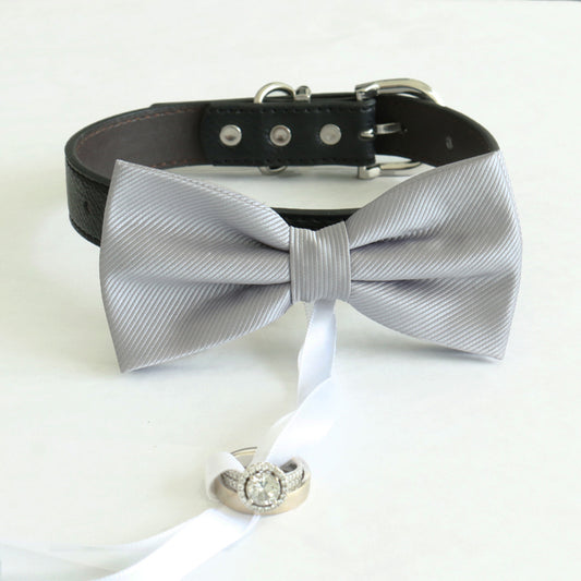 Gray bow tie collar Leather collar Dog ring bearer ring bearer adjustable handmade XS to XXL collar and bow, Puppy bow collar, high qualityProposal , Wedding dog collar