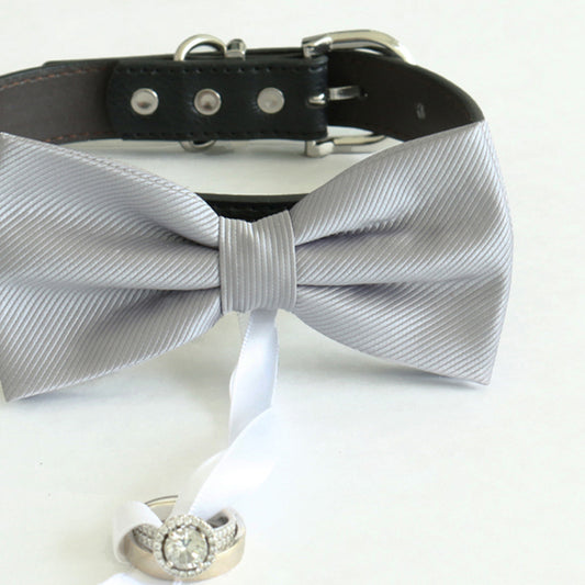 Gray bow tie collar Leather collar Dog ring bearer ring bearer adjustable handmade XS to XXL collar and bow, Puppy bow collar, high qualityProposal , Wedding dog collar