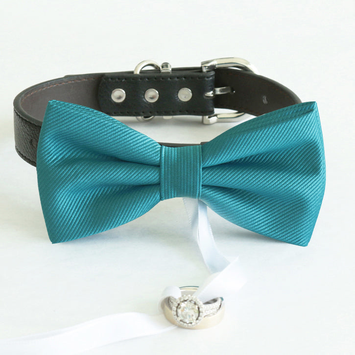 Teal blue bow tie collar Leather collar Dog ring bearer ring bearer adjustable handmade XS to XXL collar bow, Puppy, Proposal, Teal wedding , Wedding dog collar