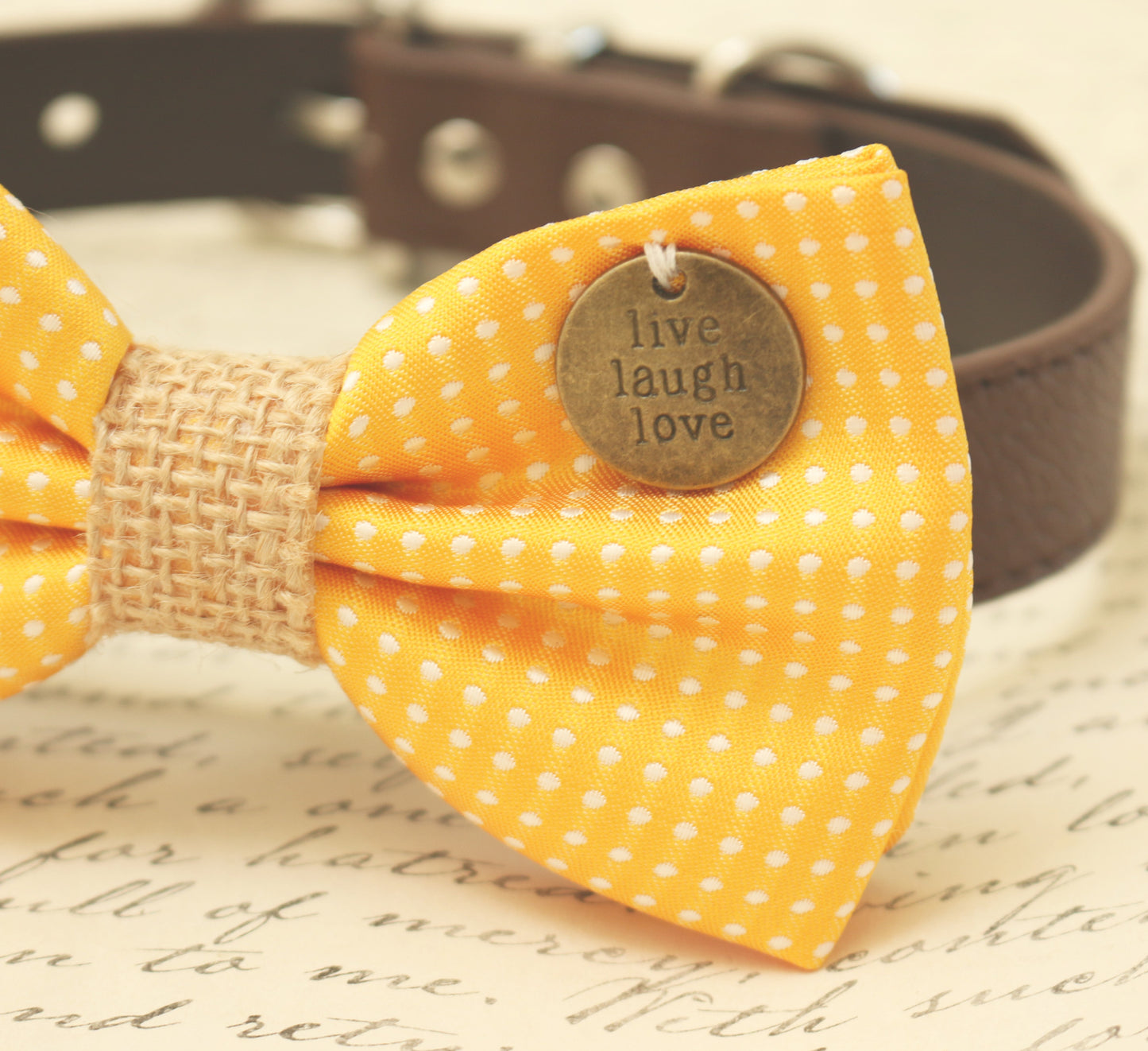 Yellow Dog Bow Tie attached to collar, Burlap, Pet wedding, Cat Bow tie , Wedding dog collar