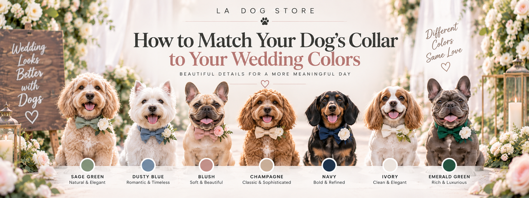 Dog wedding collars in different colors coordinated with popular wedding color palettes.