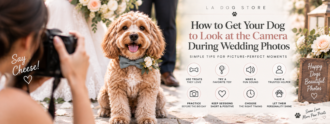 Dog wearing an elegant wedding bow tie looking toward the camera during wedding photography.