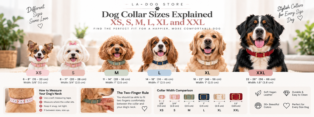 Dog collar size guide showing XS, S, M, L, XL, and XXL dogs with neck measurements and collar widths for proper sizing.