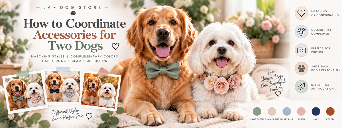 Two dogs wearing coordinated bow tie collars in complementary colors, showing how to match dog accessories while keeping each dog's individual style.
