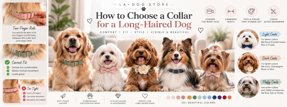 Long-haired dog wearing a properly fitted colorful collar with fur gently arranged around the neck to show the collar comfortably.
