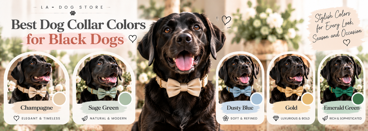 Black dog wearing colorful Vegan Leather collars in Champagne, Sage Green, Dusty Blue, Gold, and Emerald Green, showing the best dog collar colors for black dogs.