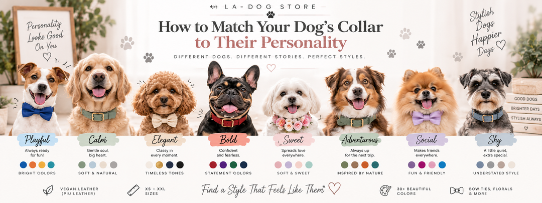 Dogs with different personalities wearing colorful Vegan Leather, bow tie, and floral collars that match their individual styles.