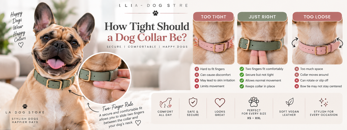 Dog wearing a properly fitted collar demonstrating the two-finger rule for a secure and comfortable collar fit.
