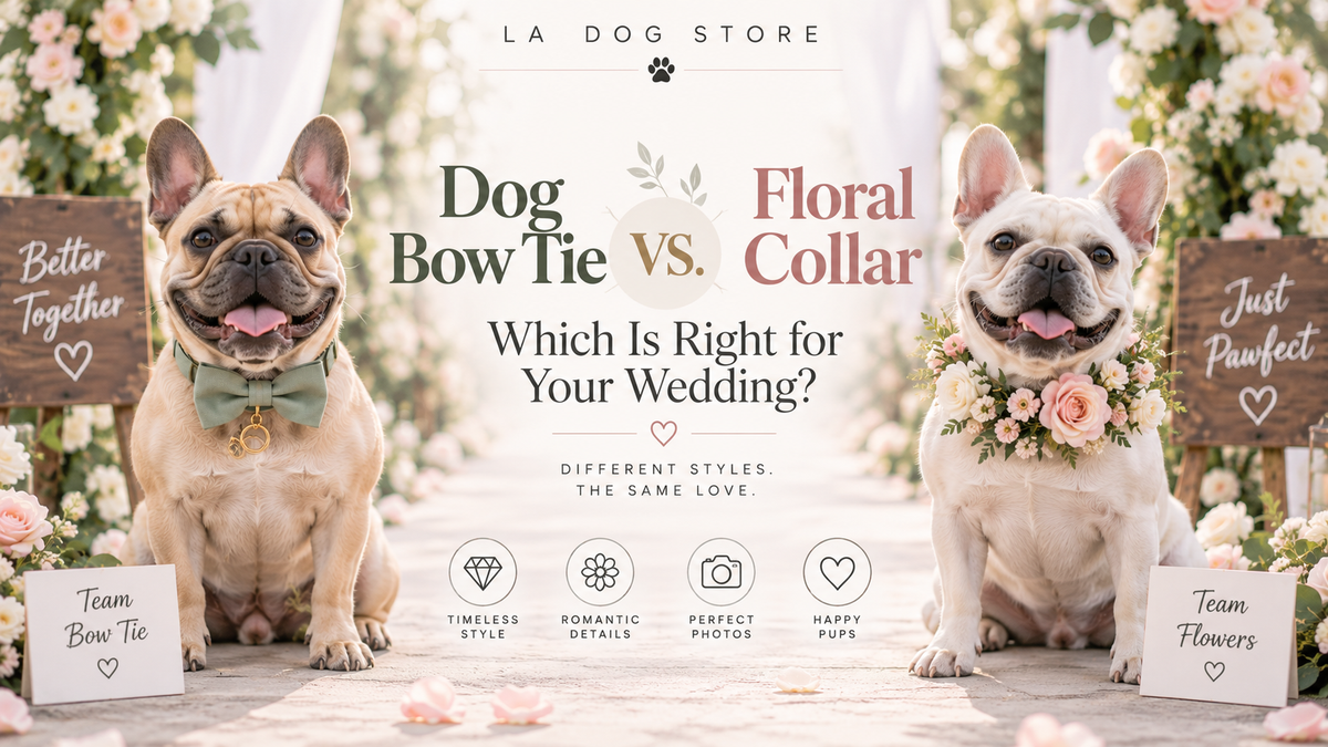 Dog wedding bow tie and floral collar comparison for choosing the perfect wedding accessory.