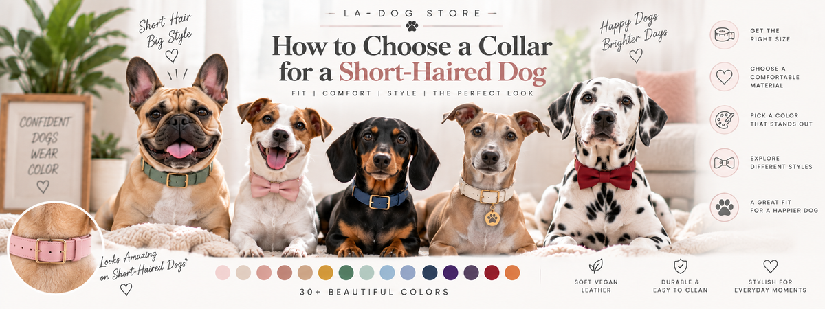 Short-haired dogs wearing properly fitted colorful collars showing different sizes, widths, colors, and styles.