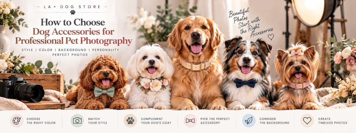 Professionally photographed dogs wearing elegant Vegan Leather collars, Bow Ties, and Floral Collars in coordinated colors for a polished pet photography session.