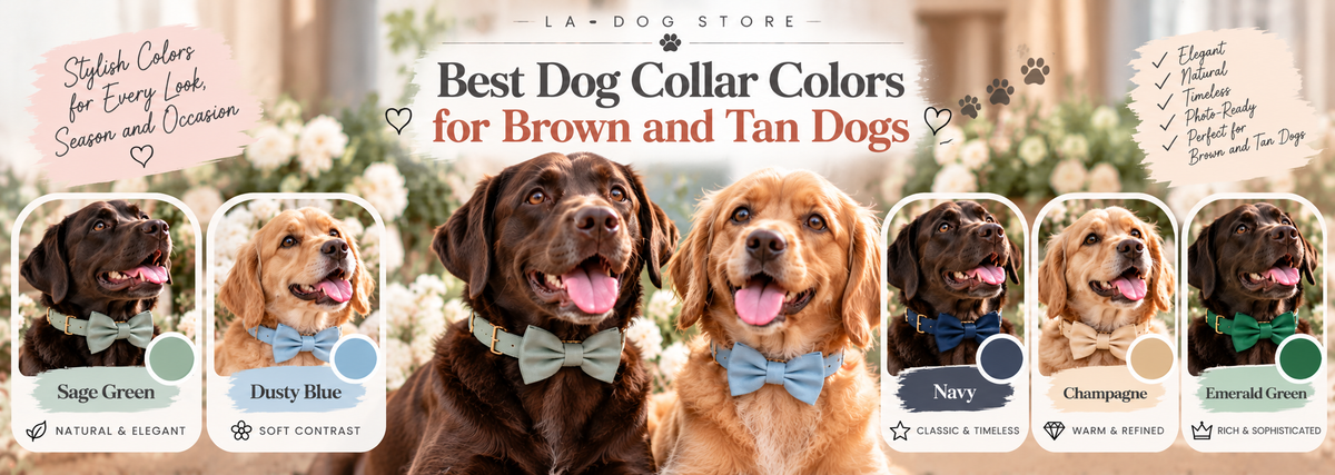 Brown and tan dogs wearing Sage Green, Dusty Blue, Navy, Champagne, and Emerald Green collars, showing stylish collar color combinations for different brown coat shades.