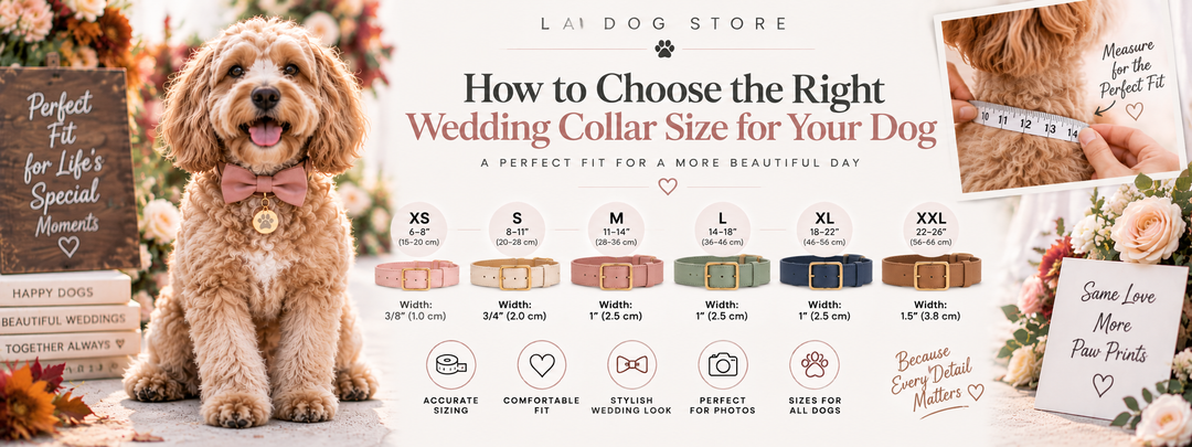 Dog wedding collar size guide showing how to choose the correct XS to XXL collar size for a comfortable wedding-day fit.