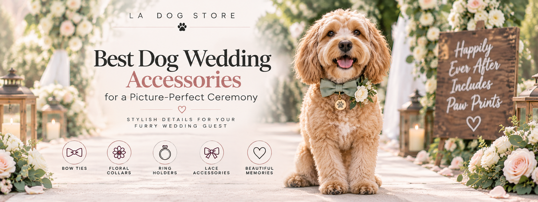 Dog wearing elegant bow tie and wedding accessories at a picture-perfect wedding ceremony