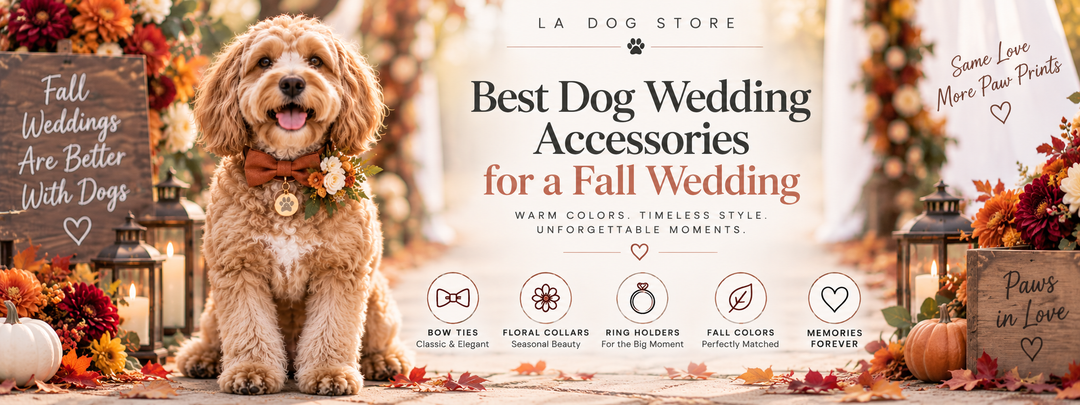Dog wearing elegant fall wedding accessories with a warm bow tie collar surrounded by autumn flowers and seasonal wedding décor.