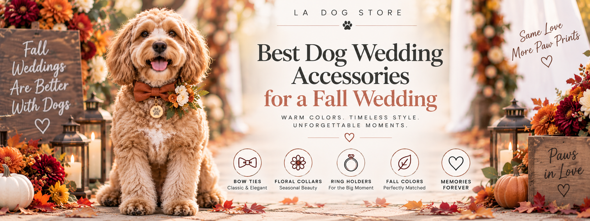 Dog wearing elegant fall wedding accessories with a warm bow tie collar surrounded by autumn flowers and seasonal wedding décor.