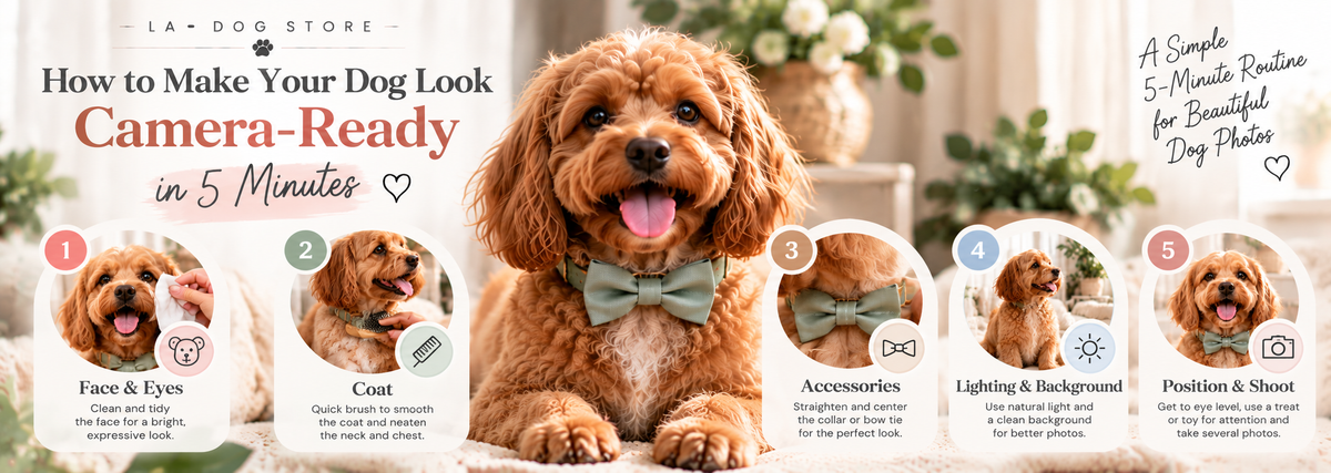 Dog being prepared for a photo with a centered bow tie collar, tidy coat, soft lighting, and simple background as part of a five-minute camera-ready routine.