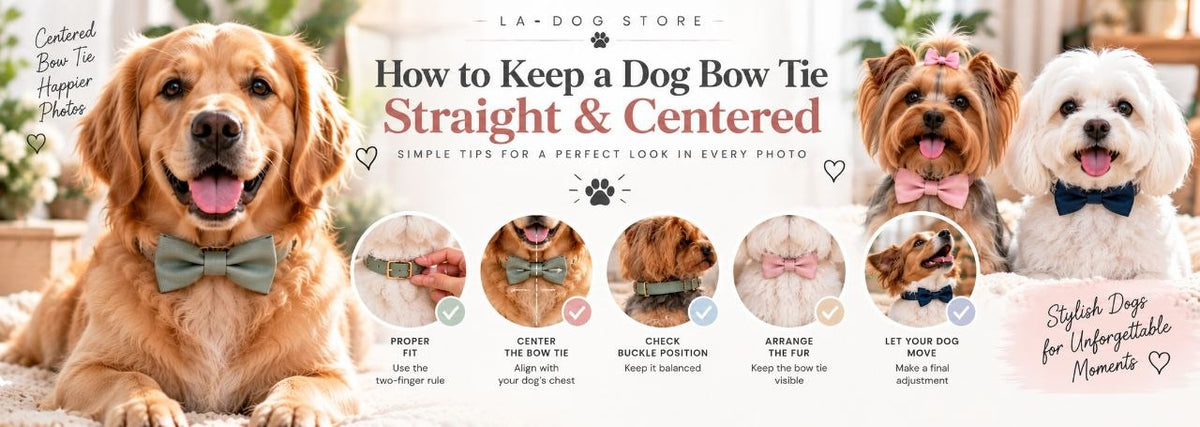 Dog wearing a centered bow tie collar with examples showing proper collar fit and how to keep a dog bow tie straight for photos and special occasions.