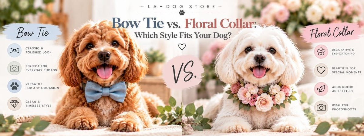 Two dogs comparing Bow Tie and Floral Collar styles, showing how coat type, personality, size, and occasion can help choose the right dog accessory.