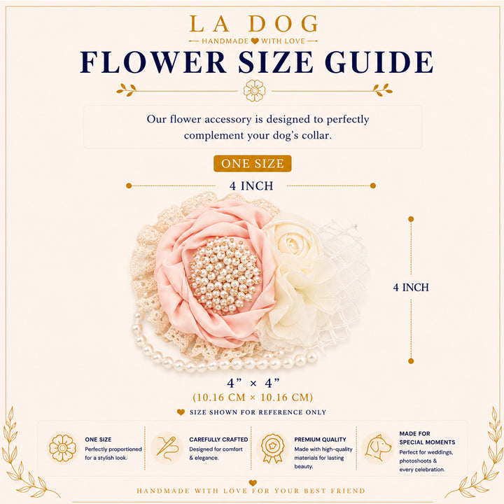 The image is a flower size guide for a flower accessory, specifically a flower collar. It provides dimensions and details about the accessory, including that it is one size, 4 inches in length, and made with high-quality materials. The guide is carefully crafted and designed for comfort and elegance, and it is suitable for special moments and celebrations.