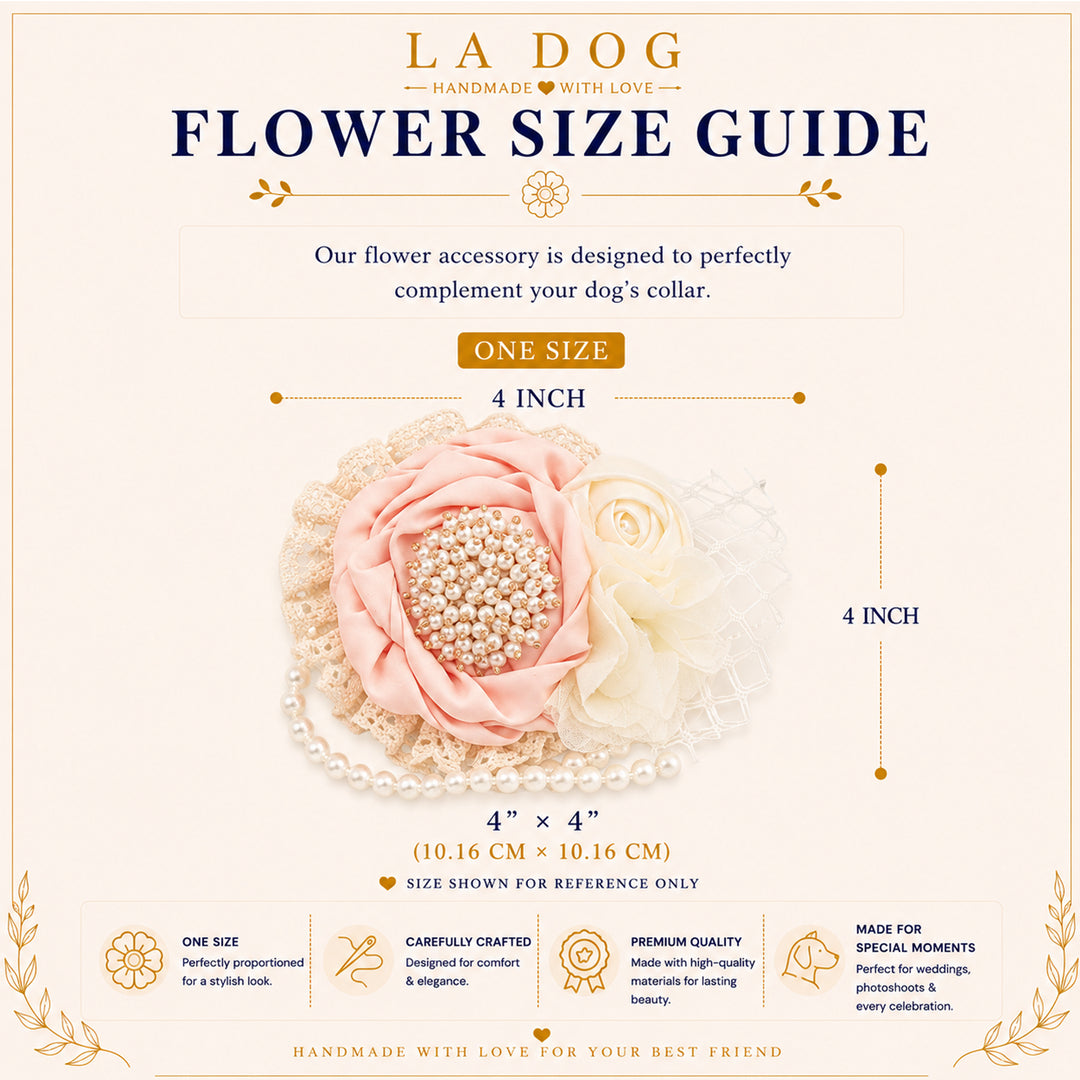 The image is a flower size guide for a flower accessory, specifically a flower collar. It provides dimensions and details about the accessory, including that it is one size, 4 inches in length, and made with high-quality materials. The guide is carefully crafted and designed for comfort and elegance, and it is suitable for special moments and celebrations.