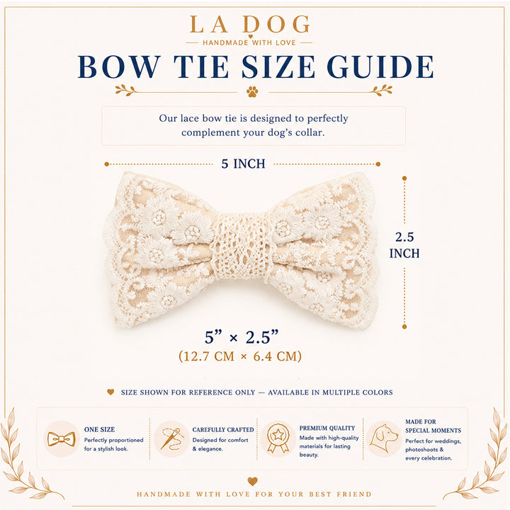 The image is a guide for a lace bow tie, providing information about the bow tie's size, materials, and features.